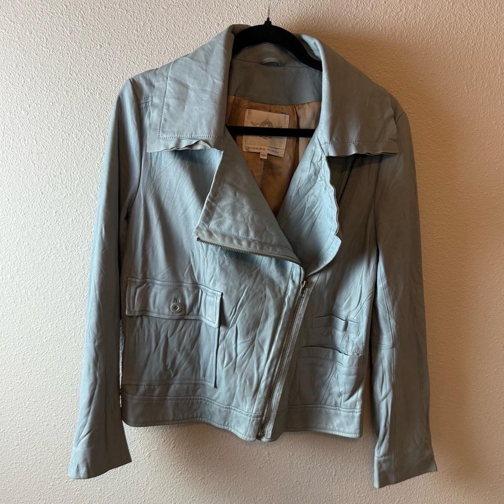 Burning Torch Soft Leather Moto Jacket Pale Blue Boho Casual Women’s Medium